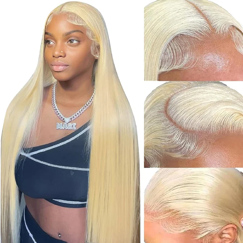 Long - length wig with a natural - looking root for a more realistic look613 Lace Front Wig Human Hair 13x4 Transparent Lace Straight Blonde Lace Front Wigs Human Hair 613 HD Lace Frontal Wig 180% Density 26inch