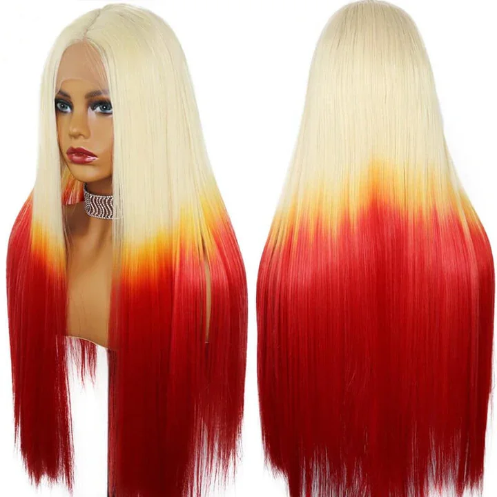 Long - length wig with a side - swept bang for a sophisticated look613 Blonde & Red Ombre Straight 4x4/13x4 Lace Front Transparent Lace 150%/180% Density Brazilian Wigs