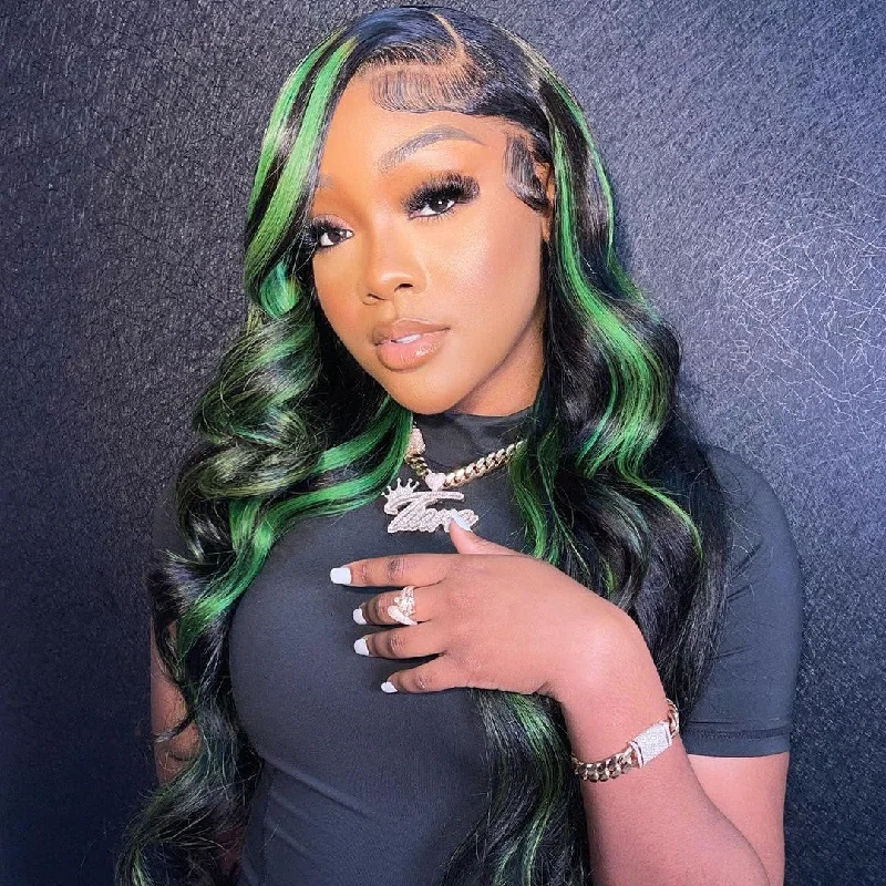 Long - length wig with a straight texture for a sleek and glamorous lookBlack & Green Ombre Color Body Wave Style Human Hair Lace Front Wig