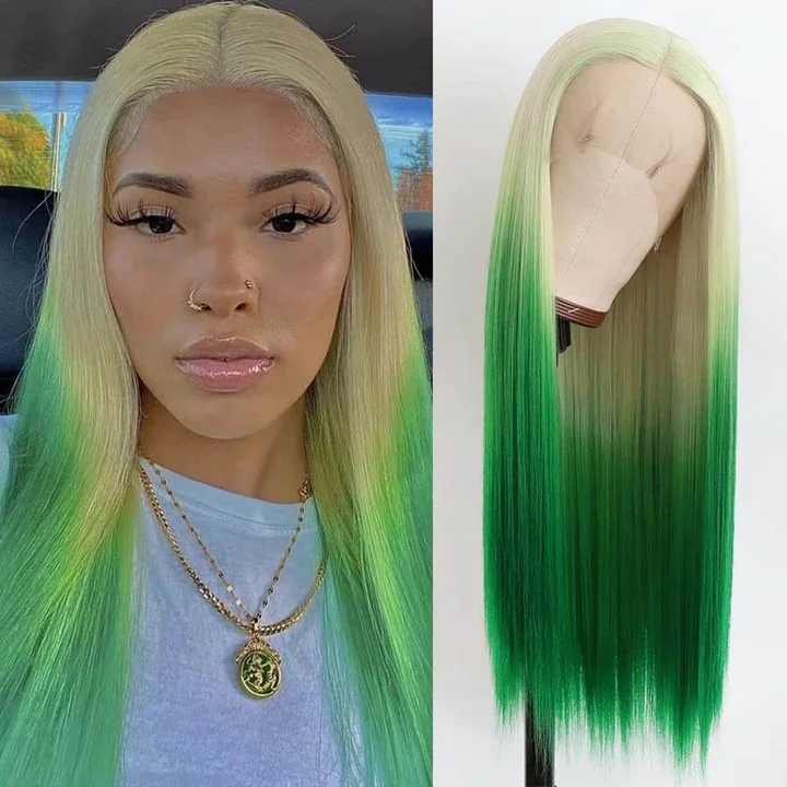 Long - length wig with a curly fringe for a playful and youthful vibeBlonde & Green Ombre Color Straight 13x4/4x4 Lace Frontal Human Hair Wig 150%/180% Density