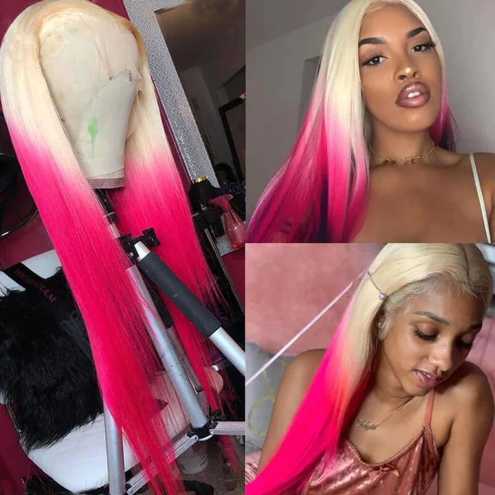 Adjustable - cap long - length wig for a comfortable fitBlonde & Pink Ombre Color Straight 13x4/4x4 Lace Frontal Human Hair Wig 150%/180% Density