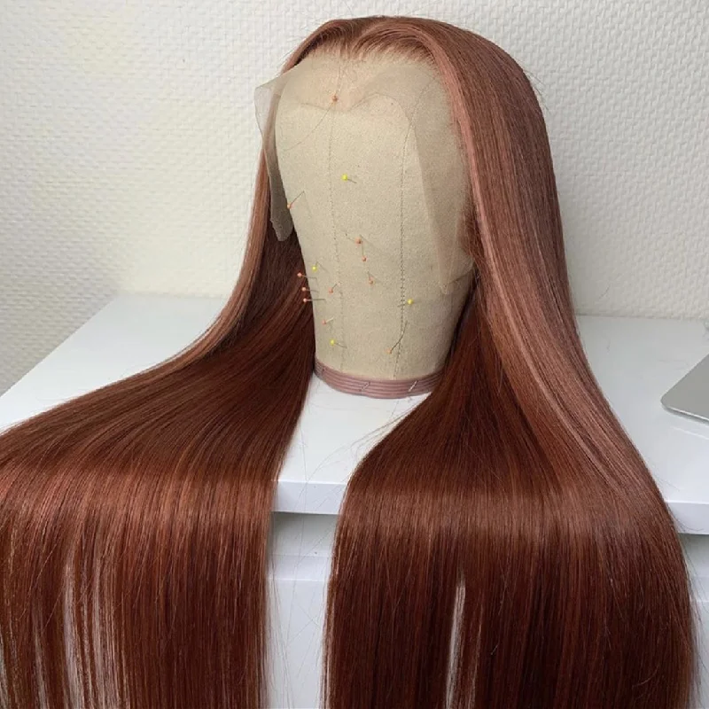 Long - length wig with a natural - looking root for a more realistic lookChestnut Brown color Lace Front Wig Fashionable Straight Hair