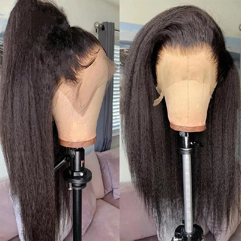 Long - length wig with a honey - blonde color for a warm and sunny appearanceKinky Straight Lace Front Wig Pre Plucked For Woman Natural Hairline