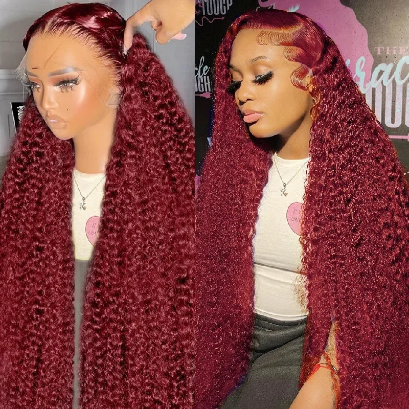 Adjustable - cap long - length wig for a comfortable fitCustomized #Burg Colored Curly Human Hair Wigs 250% Density HD Transparent 13X4 Lace Frontal Red Wine Hair | Lumiere