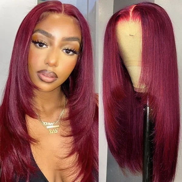 Long - length wig with a straight texture for a sleek and glamorous lookCute Burgundy Color 100% Human Hair Lace Front Wig