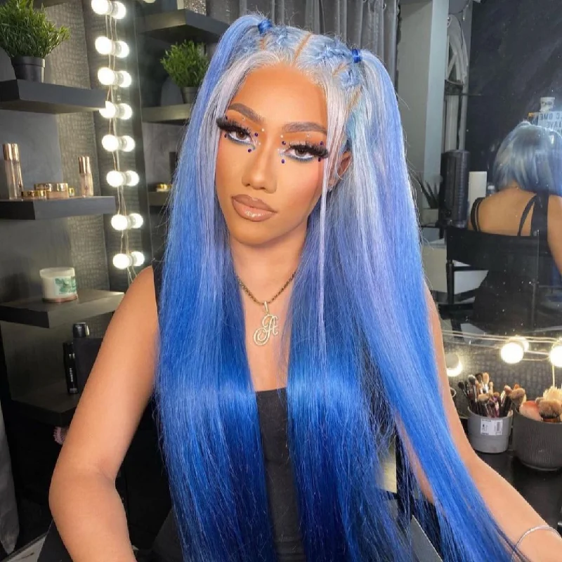 Synthetic long - length wig with a natural - looking textureCute Silver & Blue Gradient Color Straight Lace Front Wig