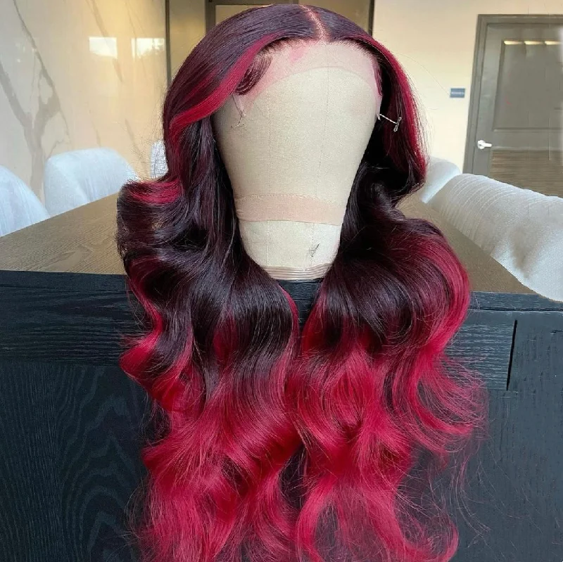 Long - length wig with a platinum - blonde color for a bold and trendy lookDark & Light Burgundy Gradient Color Human Hair Highlights Body Wave Lace Front Wig