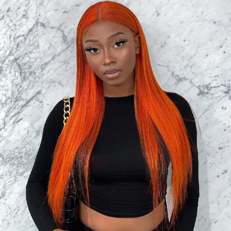 Long - length wig with a silk - base cap for a comfortable and smooth feel100% Human Hair Dark Orange Color Straight Lace Front Wig