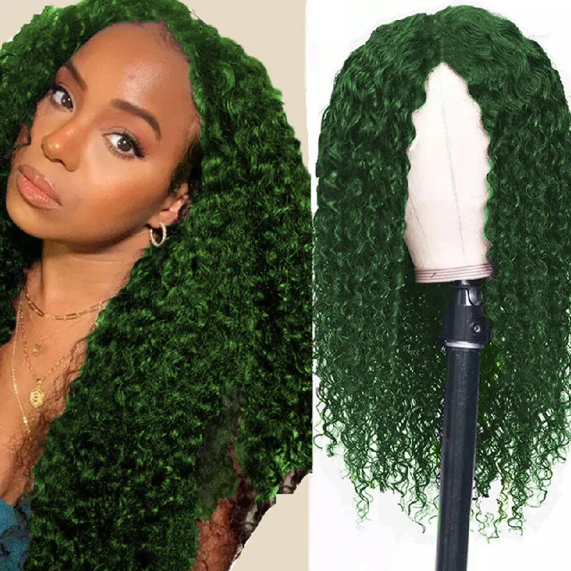 Long - length wig in a jet - black color for a classic appearanceHD Ombre Lace Front Wig Human Hair Wig Dark Green Colored Human Hair Wigs for Women Ombre  Kinky  Curly Wig