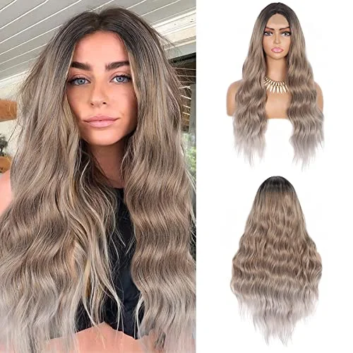 Long - length wig with a side - swept bang for a sophisticated lookHeat Friendly Ash Blonde Lace front wig Dark Roots