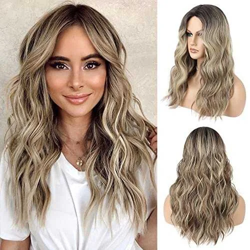 Long - length wig with a wispy fringe for a soft and feminine lookHeat Resistant Mixed Blonde Wig Long Wavy Wig