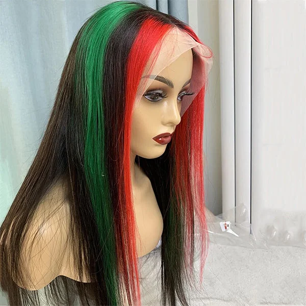 Long - length wig with a wispy fringe for a soft and feminine lookHighlight Red Green Blonde Lace Front Human Hair Wig With13x4 Transparent Lace Frontal Wigs For Women Brazilian Hair