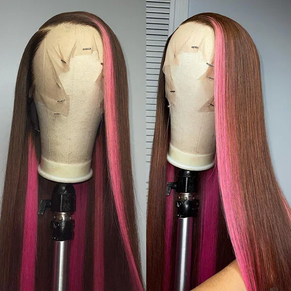 Adjustable - cap long - length wig for a comfortable fitHot Pink and Black Skunk Stripe Straight Hair 13x4 Lace Frontal Wigs For Women