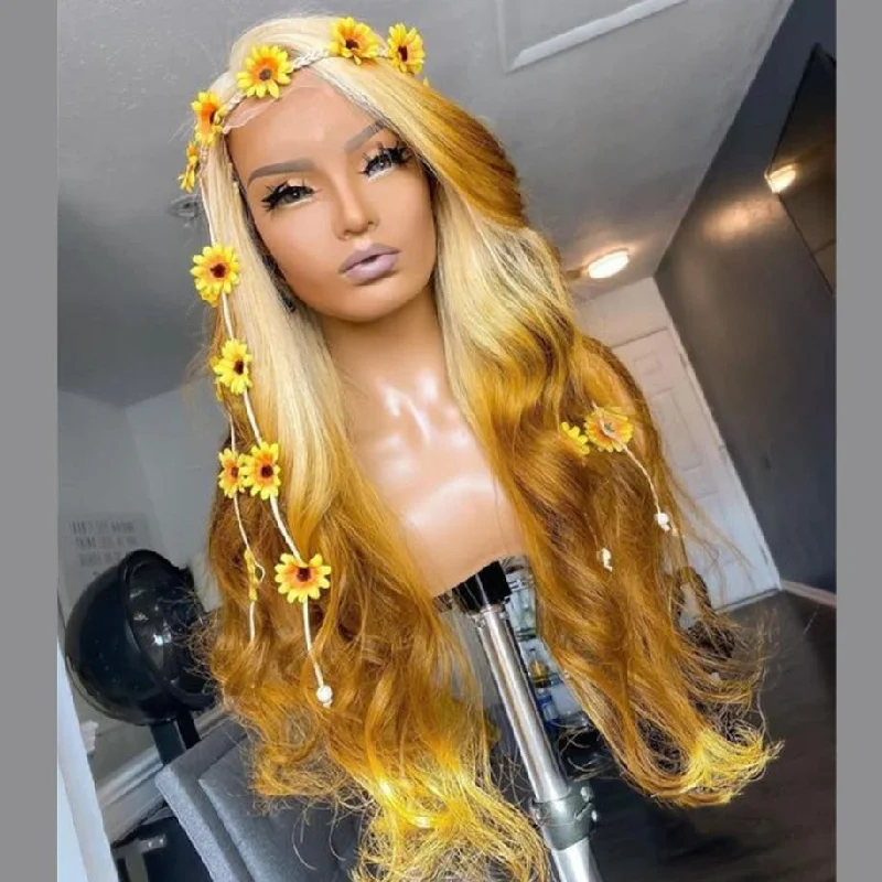 Long - length wig in a jet - black color for a classic appearanceHuman Hair 613 Blonde With Dark Yellow Lace Front Wig