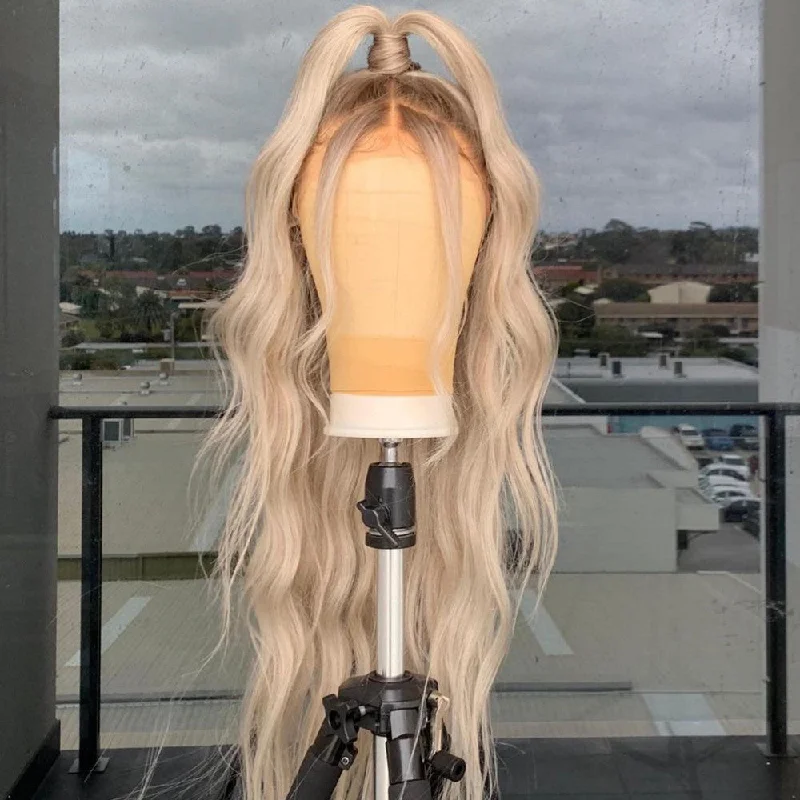 Long - length wig with a side - swept bang for a sophisticated lookHuman Hair Ash Blonde Color Dark Root Lace Front Wig