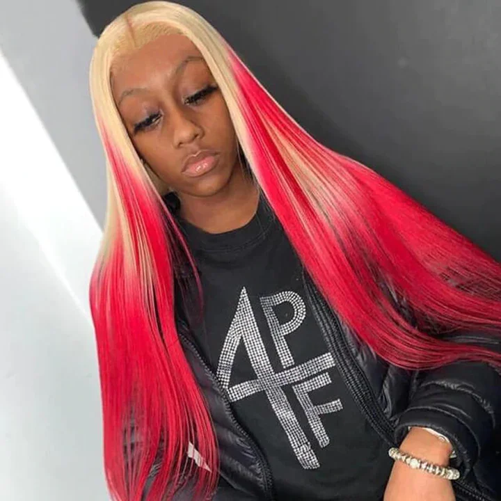 Long - length wig with a curly texture for a bold and stylish choiceHuman Hair Blonde with Red Ombre Color Lace 4x4/13x4 Front Wig