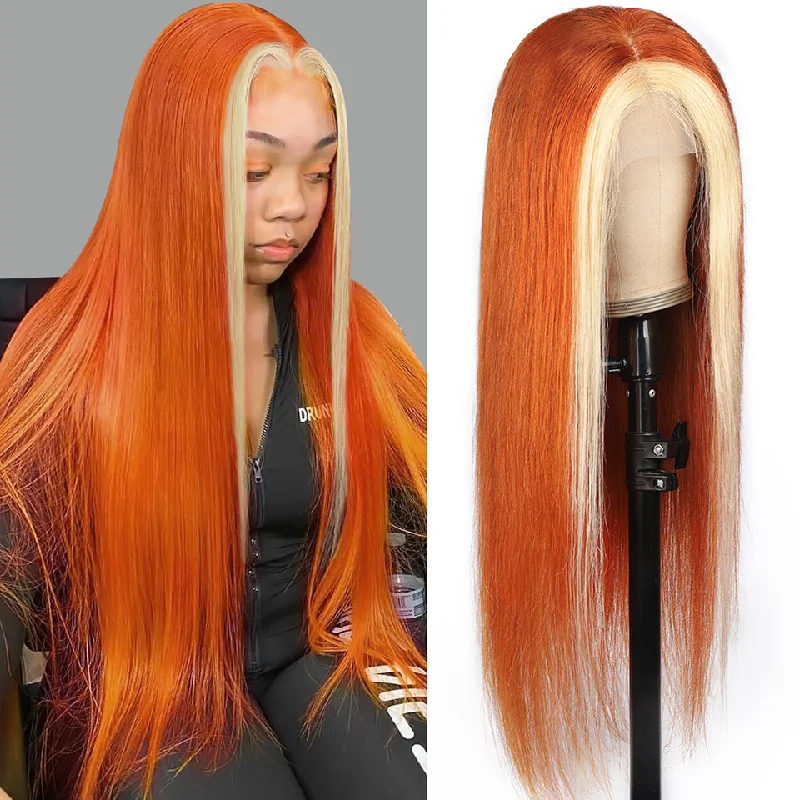 Long - length wig in a jet - black color for a classic appearanceGinger with 613 Blonde Straight Lace Front Human Hair Wigs For Women