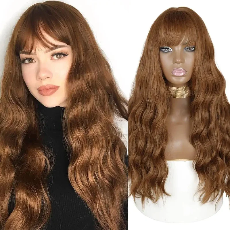 Long - length wig with a natural - looking root for a more realistic lookJustine Long Water Wave Synthetic Wigs With Bangs