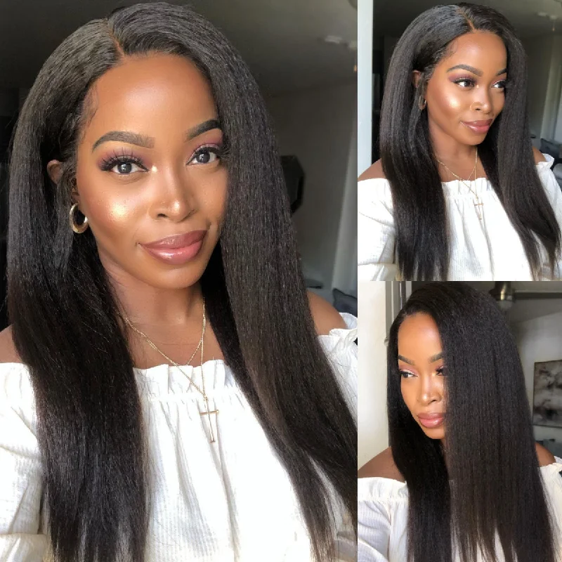 Long - length wig in a jet - black color for a classic appearanceKinky Straight Lace Front Synthetic Hair Wigs Yaki Straight Lace Front Wigs For Black Women Natural Color