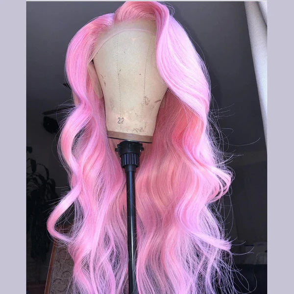 Long - length wig with a pre - plucked hairline for a more natural lookLight Pink Body Wave Peruvian Hair Lace Front Style Wig