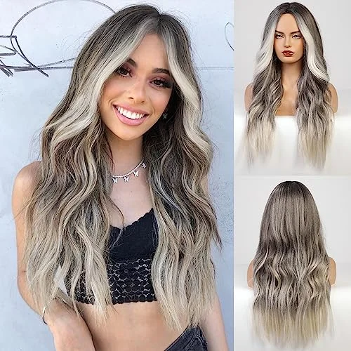 Long - length wig with a heat - resistant formula for easy styling at homeLong Ombre Blonde Gray Wavy Wig