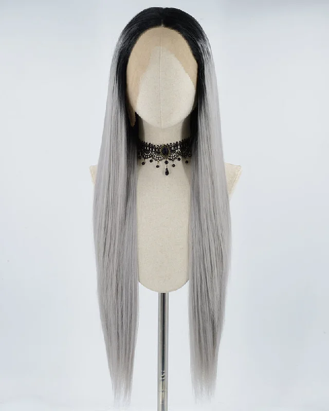 Long - length wig with a curly fringe for a playful and youthful vibeOmbre Gray Synthetic Lace Front Wig WT055