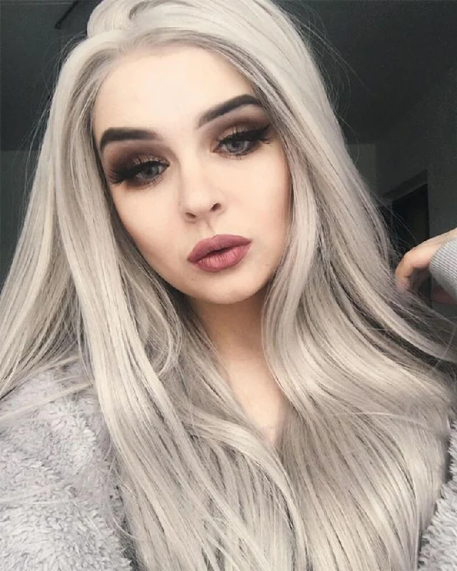 Long - length wig with a heat - resistant formula for easy styling at homeStraight Long Gray Synthetic Lace Front Wigs WT005