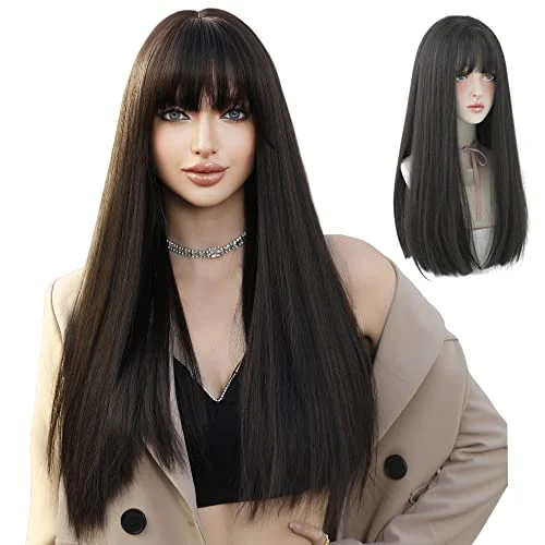 Synthetic long - length wig with a natural - looking textureLong Straight Wig With Bangs 22"Inch