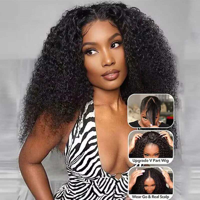 Long - length wig with a platinum - blonde color for a bold and trendy lookLumiere 26 Inch Afro Cury Upgrade V Part Wig Human Hair No Leave Out Brazilian Glueless Wigs for Women