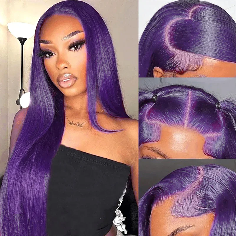 Long - length wig with a middle - part for a classic and elegant styleLumiere Purple Straight Lace Front Wig 13x4 Transparent Lace Wig Remy Human Hair Wigs Pre plucked