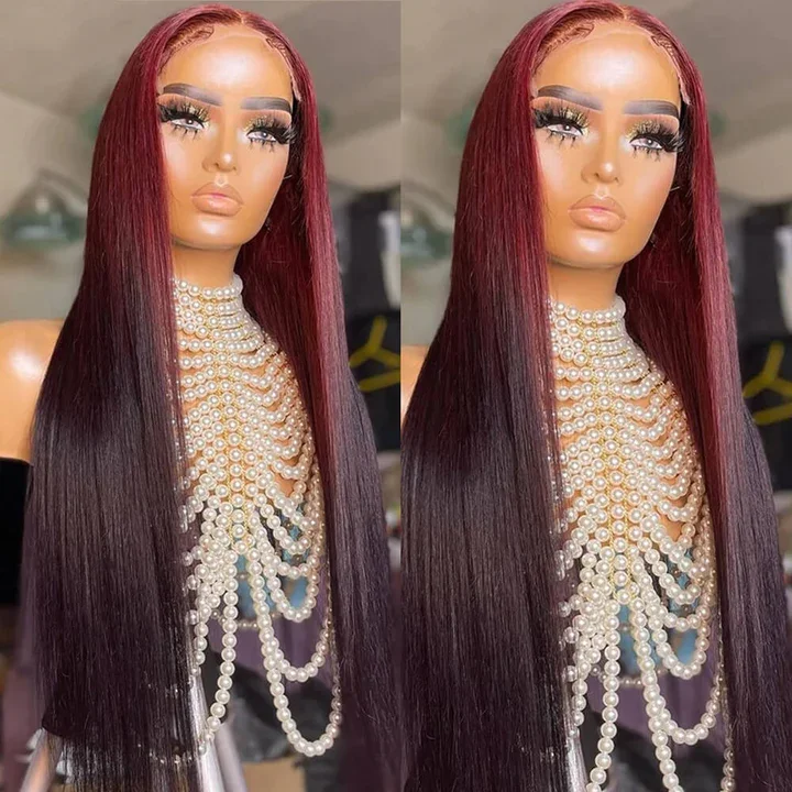 Long - length wig with a 220 - density for an extra - full appearanceLumiere Highlight #99J/2 Straight Lace Frontal Human Hair Wigs for black women