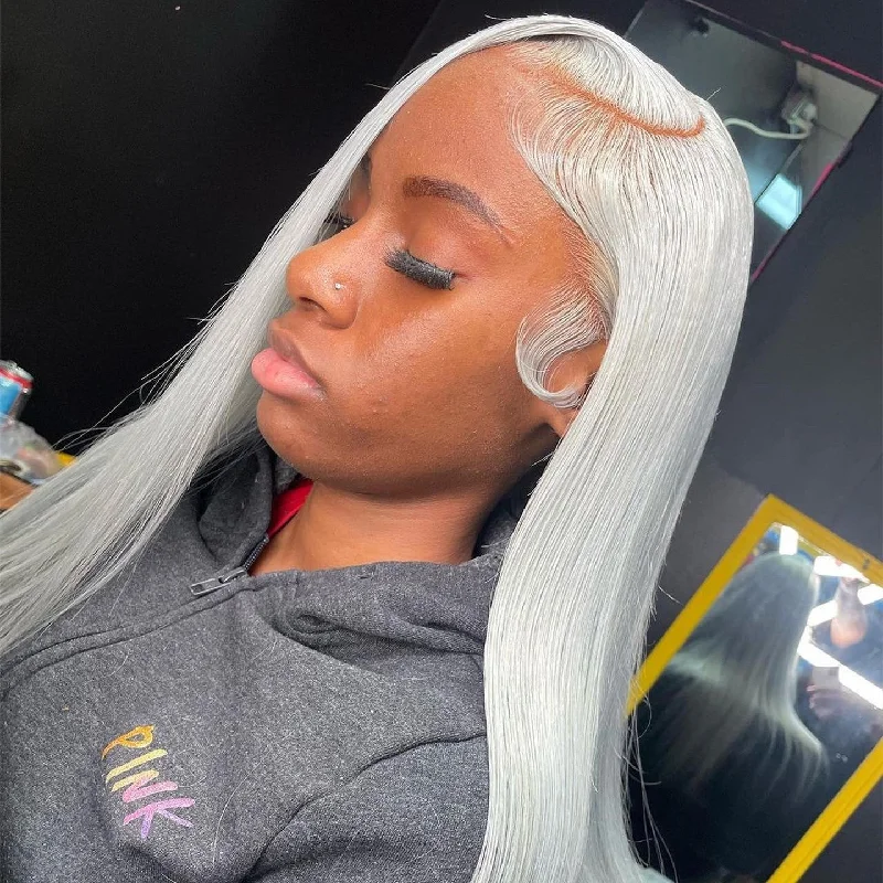 Long - length wig with a pre - plucked hairline for a more natural lookLuxury Silver White Color Straight Lace Front Wig