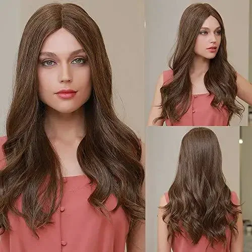 Long - length wig with a natural - looking root for a more realistic lookMixed Brown Lace Front wig with Center Part