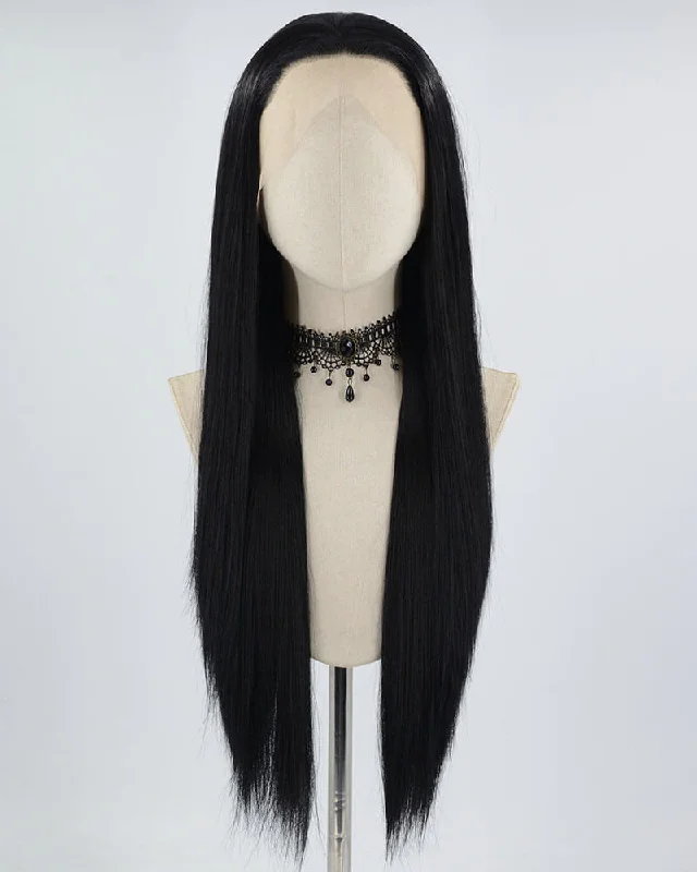 Long - length wig with a silk - base cap for a comfortable and smooth feelStraight Natural Black Long Synthetic Lace Front Wig WT001