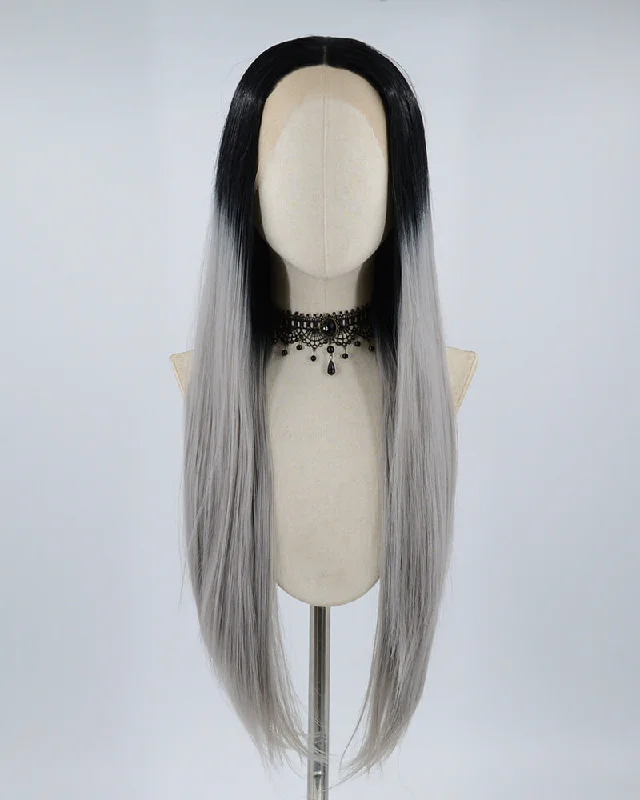 Long - length wig with a wispy fringe for a soft and feminine lookOmbre Grey Long Straight Synthetic Lace Front Wig WT022