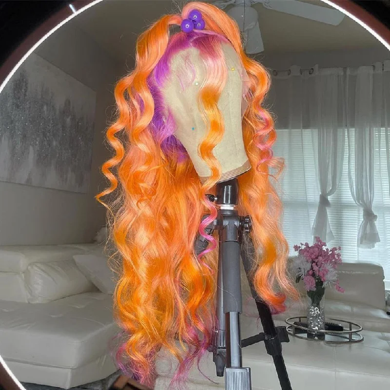 Long - length wig with a pre - bleached knot for a natural - looking scalpOrange & Purple Color Natural Wave Lace Front wig for Summer