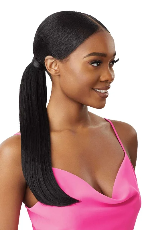 Curly ponytails with tight ringlets for a playful and feminine vibeOutre Premium Synthetic Pretty Quick Wrap Around Ponytail Sleek Straight 16"