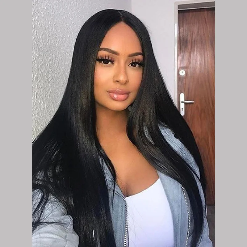 Long - length wig with a side - swept bang for a sophisticated lookPeruvian Hair Black Color Hair Lace Front Wig Fashion Straight Long Hair