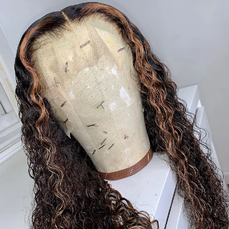 Long - length wig with a side - part for a more flattering lookPeruvian Hair Black with Brown Color Curly Lace Front Wig