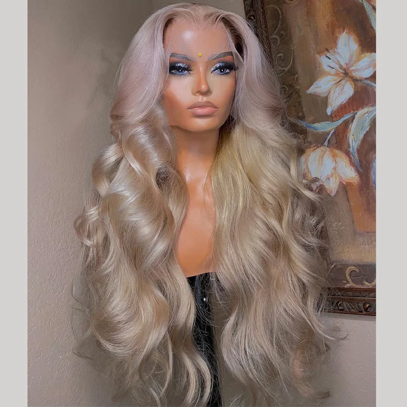 Long - length wig with a curly fringe for a playful and youthful vibePeruvian Hair Body Wave Platinum Blonde Color Luxury Lace Front Wig