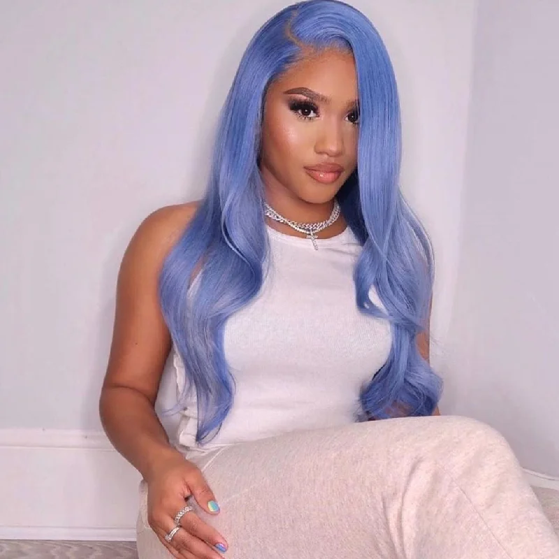 Long - length wig with a side - part for a more flattering lookPeruvian Hair Cornflower Blue Purple Color Straight Lace Front Wig