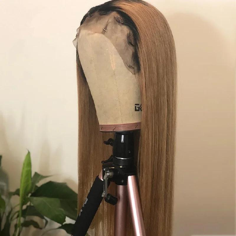 Long - length wig with a pre - plucked hairline for a more natural lookPeruvian Hair Dark Blond Color with Black Root Straight Lace Front Wig