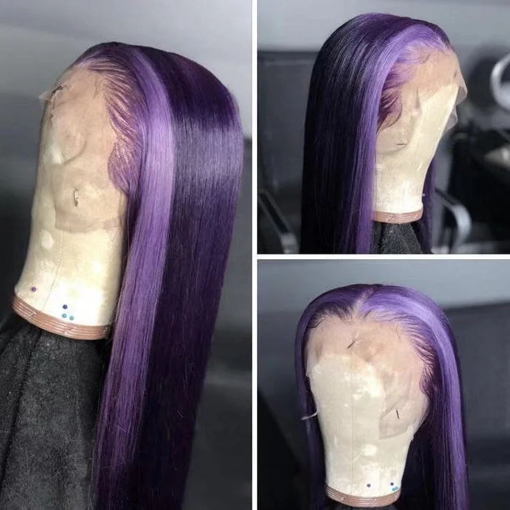 Long - length wig with a platinum - blonde color for a bold and trendy lookPeruvian Hair Dark Purple With Light Purple Color Lace Front Wig