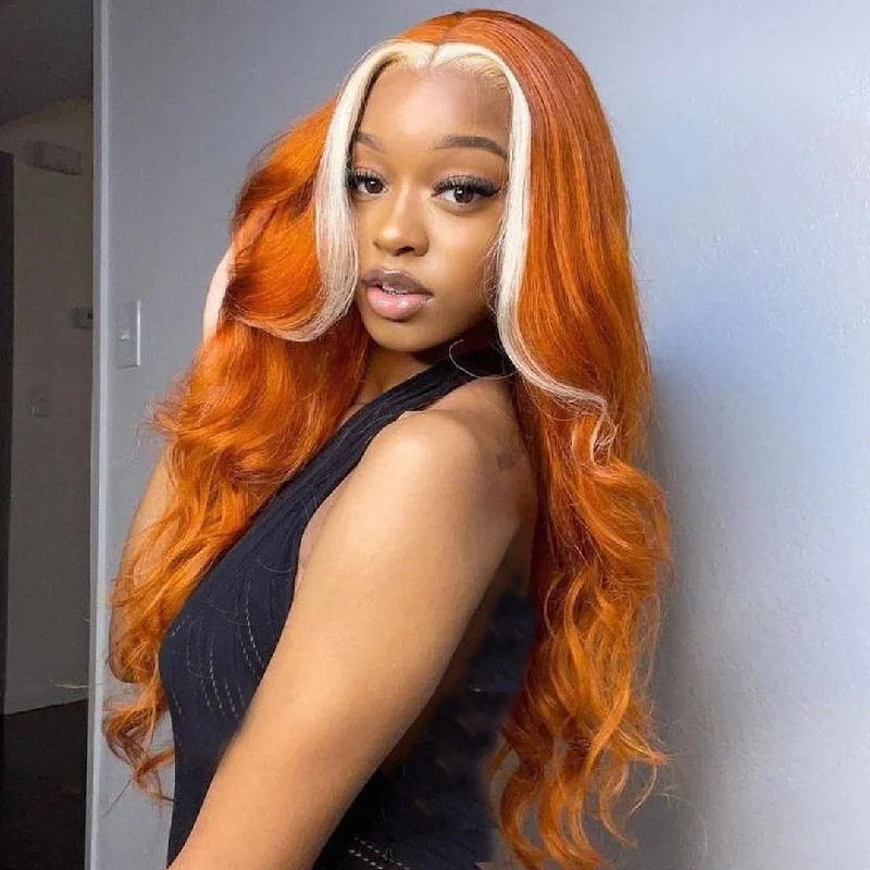 Long - length wig with a platinum - blonde color for a bold and trendy lookPeruvian Hair Ginger with Blonde Highlight Body Wave Lace Front Wig