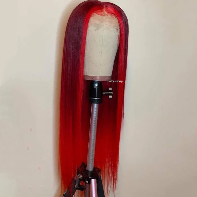 Long - length wig with a pre - plucked hairline for a more natural lookPeruvian Hair Gradient Burgundy Red Color Highlights Lace Front Wig