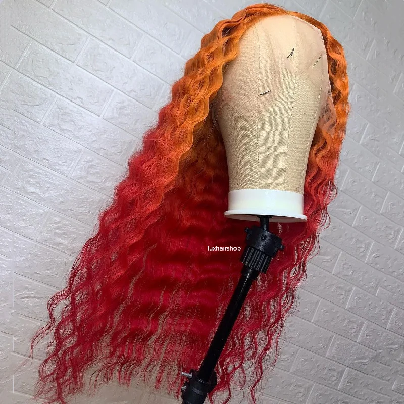 Long - length wig with a platinum - blonde color for a bold and trendy lookPeruvian Hair Gradient Color Orange and Red Lace Front Wig