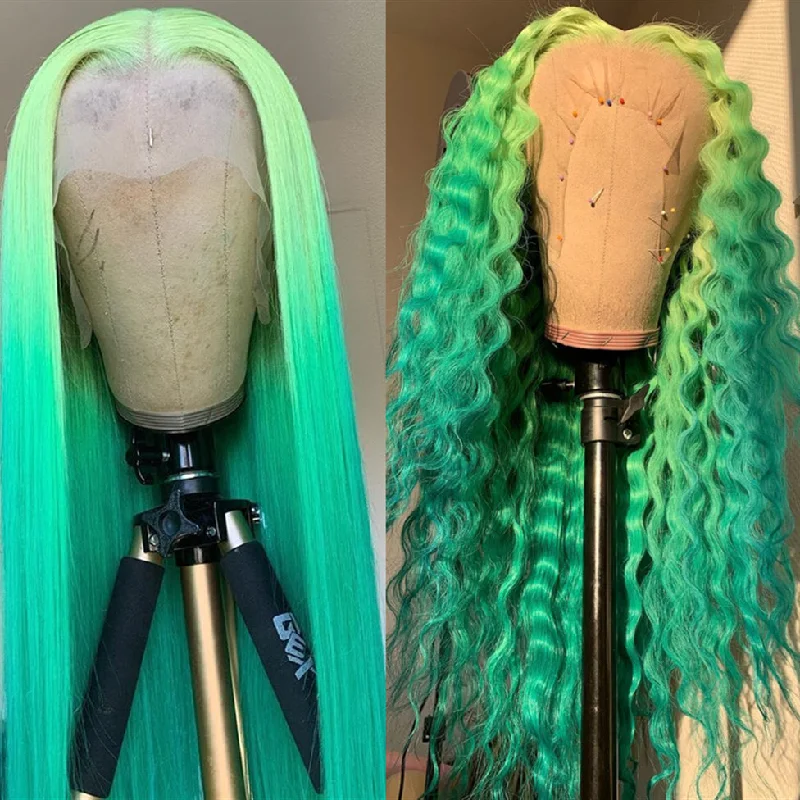 Human - hair long - length wig for a natural and luxurious feelPeruvian Hair Gradient Light Green with Green Lace Front Wig