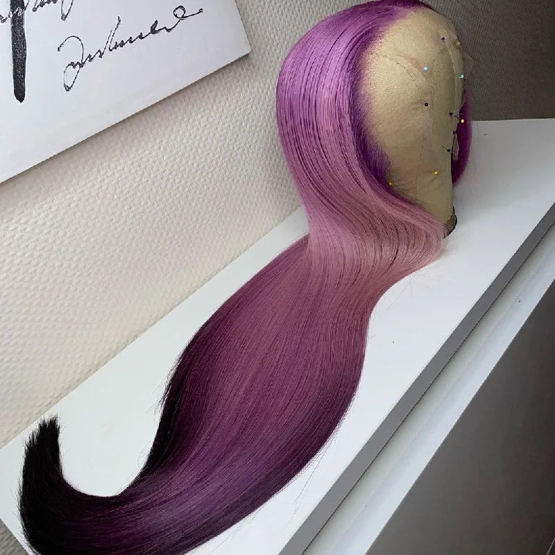 Long - length wig with a natural - looking root for a more realistic lookPeruvian Hair Gradient Purple Straight 2021 New Fashion Lace Front Wig