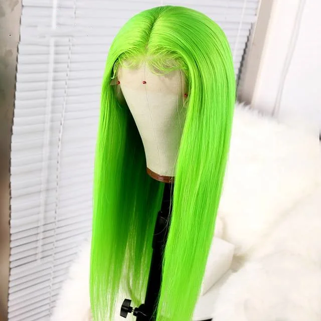 Long - length wig with a silk - base cap for a comfortable and smooth feelPeruvian Hair Green Color Straight Long Lace Front Wig