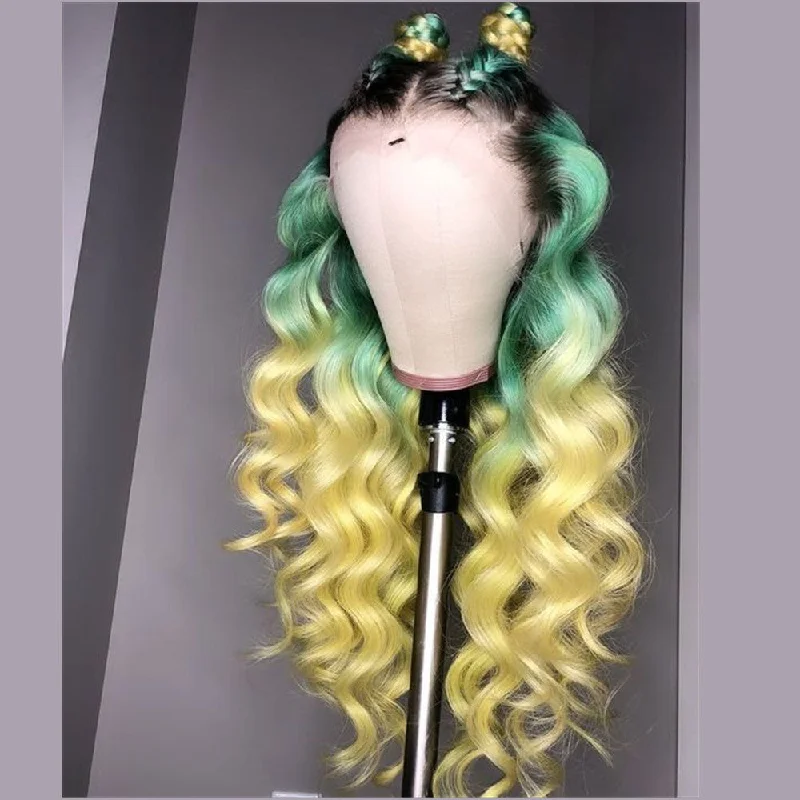 Long - length wig with a side - part for a more flattering lookPeruvian Hair Green With Yellow Ombre Color Lace Front Wig